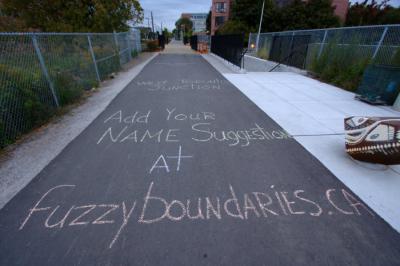 Fuzzy Boundaries names chalked on the Railpath